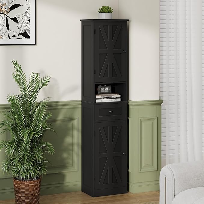 67" H Tall Bathroom Cabinet, Narrow Storage Cabinet with 2 Barn Doors and 1 Drawer, Freestanding Floor Cabinets with 5 Shelves and Open Storage Shelf for Bathroom, Living Room, Kitchen, Black