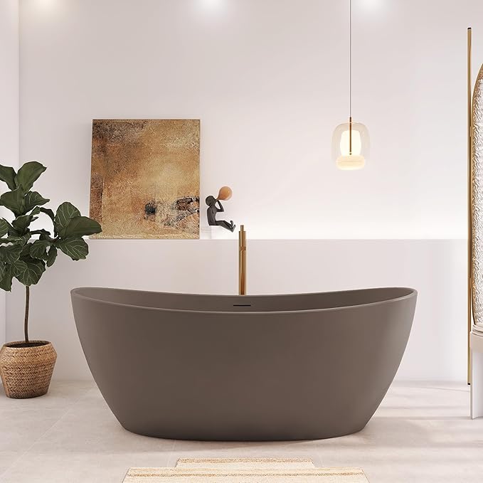 65" Premium Solid Surface Freestanding Bathtub, Contemporary Design Stand Alone Stone Resin Tub with Overflow and Pop-up Drain, Grey Coffee