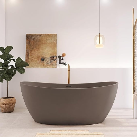 65" Premium Solid Surface Freestanding Bathtub, Contemporary Design Stand Alone Stone Resin Tub with Overflow and Pop-up Drain, Grey Coffee