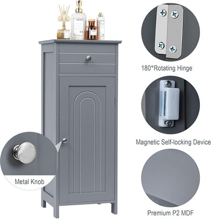 DORTALA Bathroom Floor Cabinet, Free-Standing Wooden Floor Storage Cabinet w/Large Drawer & 2 Adjustable Shelves, Morden Side Storage Bathroom Organizer Cabinet for Living Room, Grey