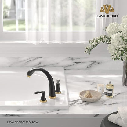 Black Gold Roman Tub Faucet, Lava Odoro 8 inch Widespread Bathtub Faucet with Valve, High Flow 2 Handle Deck Mount Tub Faucet, Solid Brass 3 Hole Bath Tub Filler TF405-GB
