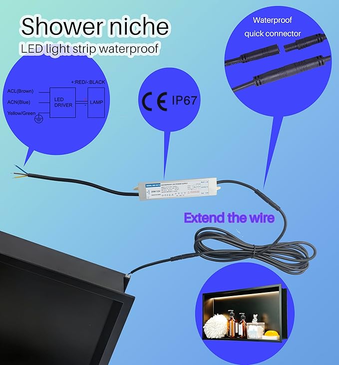 Shower Niche No Tile Needed with Waterproof LED Light Strip for Bathroom Storage， Bathroom for Shower Wall Lighted Niches，Stainless Steel Waterproof Shelf，Matte Black （ 24 x 12 in）