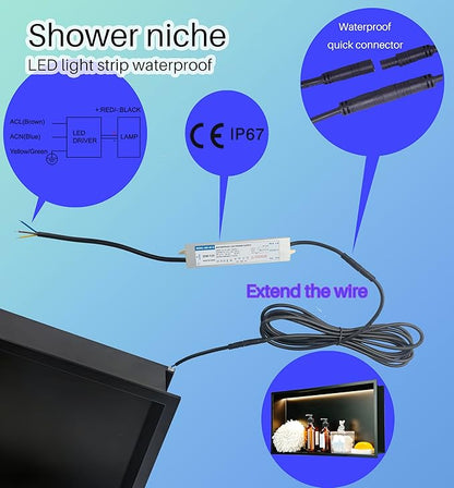 Shower Niche No Tile Needed with Waterproof LED Light Strip for Bathroom Storage， Bathroom for Shower Wall Lighted Niches，Stainless Steel Waterproof Shelf，Matte Black （ 24 x 12 in）