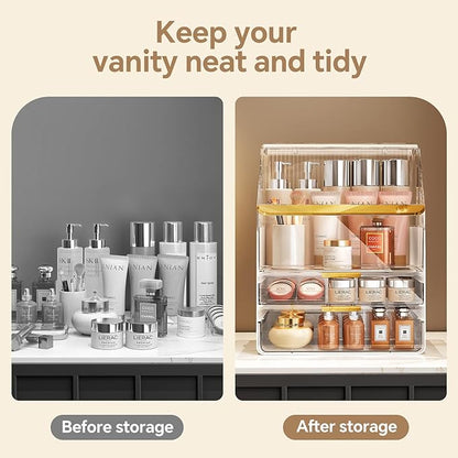 Makeup Organizer Countertop with Lid, Skincare Organizers for Vanity, 3 Tiers Clear Makeup Storage Cosmetic Display Cases Holder for Bedroom Bathroom Dresser Desk Countertop