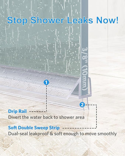 Shower Door Bottom Seal, 3Pack Shower Door Sweep Strip, Frameless Glass Doors Seal Strip for 3/8'' (10mm) Thick Doors, 39.3'' x 0.39'' Showers Water Guard Barrier