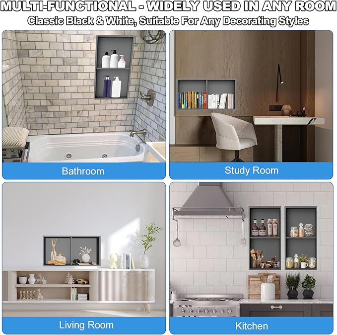 304 Stainless Steel Shower Niche Insert-24 x 12" No Tile Needed Bathroom Niche for Shower Wall-Double Shelves Built in Shower Shelf-Waterproof Recessed Cabinet for Bathroom Living Room Study Kitchen