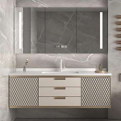 Modern Bathroom Vanity - Wall-Mounted Bathroom Cabinet with LED Light | Intelligent Defogging Mirror Cabinet Includes Time Display Function, 2 Drawers & 2 Storage Cabinets (Style A, 52IN)