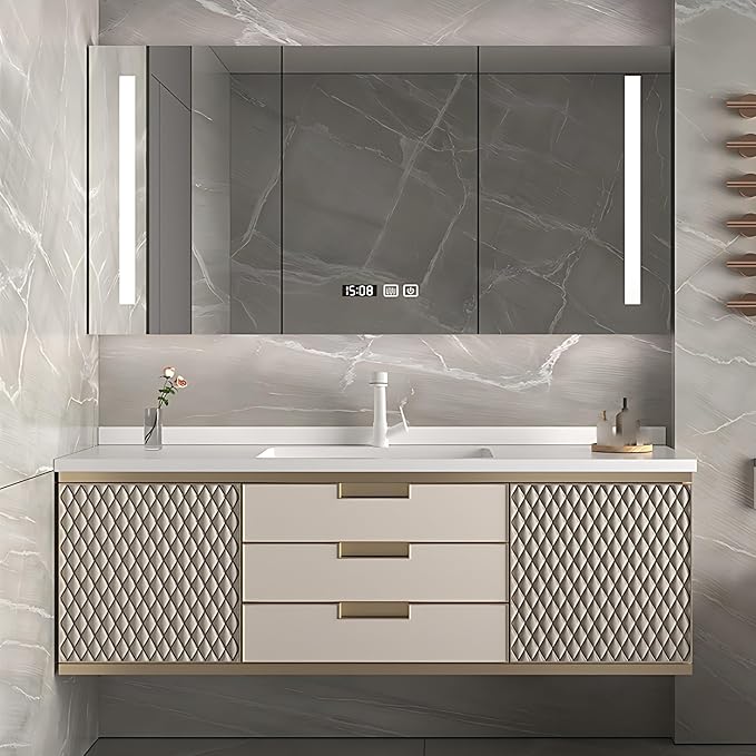 56IN Modern Bathroom Vanity - Wall-Mounted Bathroom Cabinet with LED Light | Intelligent Defogging Mirror Cabinet Includes Time Display Function, 2 Drawers & 2 Storage Cabinets (Style A)