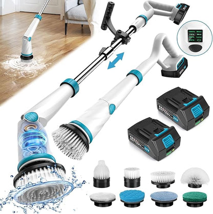 1500RPM Electric Spin Scrubber, 8 Brush Heads Electric Scrubber for Cleaning, Shower Scrubber with Long Handle and Two Battery, High Power Scrubber with Display for Bathroom/Tub/Floor