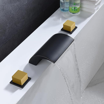 SUMERAIN Roman Bathtub Faucet 3 Hole Deck Mount High Flow Waterfall Tub Filler Black and Gold Finish
