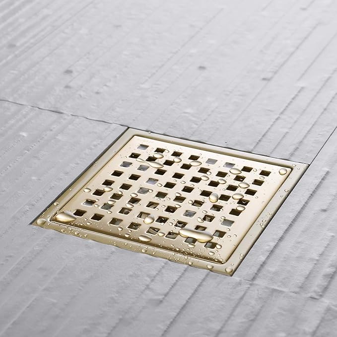 Square Shower Floor Drain with Removable Cover Grid Grate 6 inch Long, SUS 304 Stainless Steel Brushed Gold Brass Finished