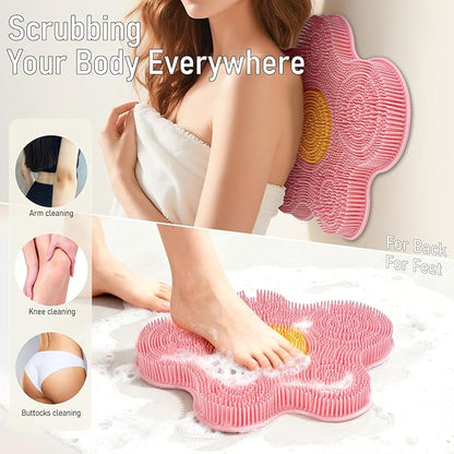 Shower Foot Scrubber Mat Silicone, Back Scrubber Exfoliating Washer Pad Wall-Mounted, Large Feet Clean Message with Suction Cups for Wall Smooth Floor - Extra long & Soft Bristles without Bending Pink