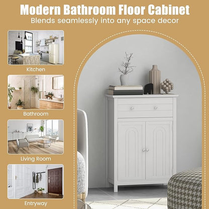 COSTWAY Bathroom Floor Cabinet, Wooden Side Storage Organizer w/Larger Drawer, Adjustable Shelf & 2-Door Cupboard, Freestanding Storage Cabinet for Living Room, Kitchen, Entryway (White)