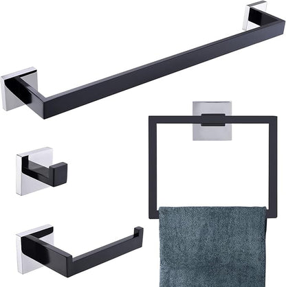 Bathroom Towel Bar Holder Sets Black and Polished 4-Piece Bathroom Hardware Set Stainless Steel Bath Accessories Kit. Wall Mounted,23.6 Inch
