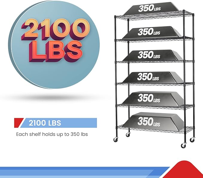 6 Tier Adjustable Metal Shelf Wire Shelving Unit Storage with Wheels 2100LBS Capacity 18" D x 48" W x 82" H for Restaurant Garage Pantry Kitchen Garage Rack,Black