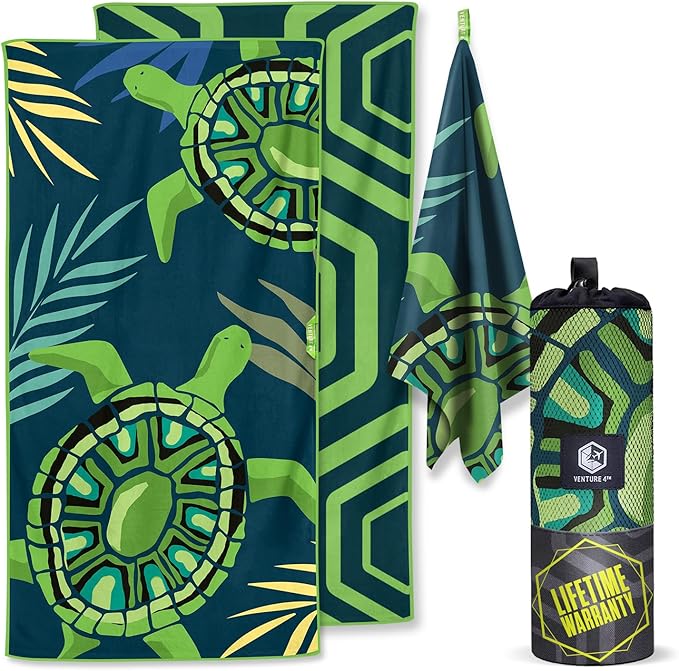 VENTURE 4TH Microfiber Beach Towel: Quick-Dry, Compact, Sand-Free, Absorbent, Sandproof and Lightweight - Perfect for Camping, Beach, and Roadtrips (Navy Turtle Design | 35x78 inches)