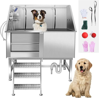 50" Stainless Steel Dog Washing Station, Pet Grooming Tub with Hot/Cold Faucet & Showerhead, Non-Slip Stairs for Small/Medium Dogs & Cats