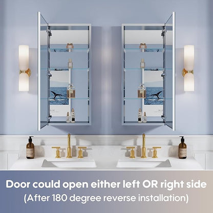 WELLFOR 16" x 36" Bathroom Medicine Cabinet, Anodized Chrome Aluminum Frame, Medicine Cabinet with Adjustable Glass Shelves, Bathroom Cabinet with Reverse Door Installation, Surface or Recess Mount