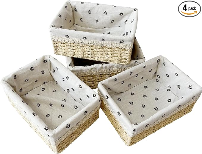 4-Pack Handmade Beige Woven Paper Rope Storage Baskets with Inner Handles & Removable Liners, Rectangular Organizers for Drawers, Shelves & Closets, Decorative Small Storage Bins