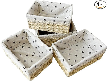 4-Pack Handmade Beige Woven Paper Rope Storage Baskets with Inner Handles & Removable Liners, Rectangular Organizers for Drawers, Shelves & Closets, Decorative Small Storage Bins