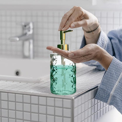 Crystal Glass Soap Dispenser, 330ml/11oz. Clear Glass Lotion Soap Dispenser with Gold Pump, Crystal Design Reusable Hand Soap Dispenser for Kitchen Dish Soap, Shower Gel, Shampoo(Gold Plating Pump)