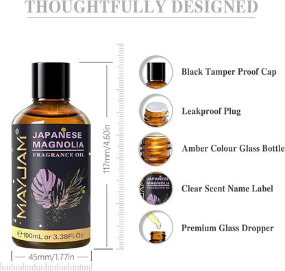 MAYJAM 100ML/3.38FL.OZ Japanese Magnolia Fragrance Oils with Glass Dropper, Essential Oils for Diffusers for Home, Long Lasting Scented Oils for Diffusers Soap Candle Making