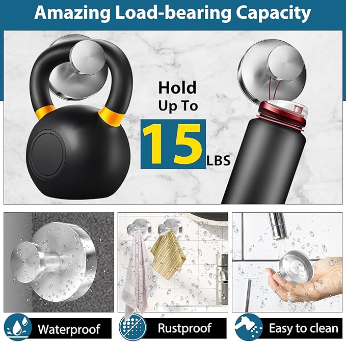 Suction Cup Hooks for Shower, 4 PCS No-Drill Towel Holder for Bathrooms Wall, Glass Door, Mirror, Tiles, Kitchen, Hold Robe & Wreath, Hanging up to 15 lbs – Waterproof & Rustproof, Loofah-Silver