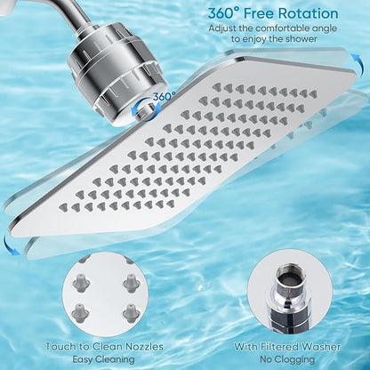 10'' High Pressure Filtered Shower Head Combo 20 Stage Shower Filter for Hard Water, Removes Chlorine & Harmful Substances (Chrome Polished)