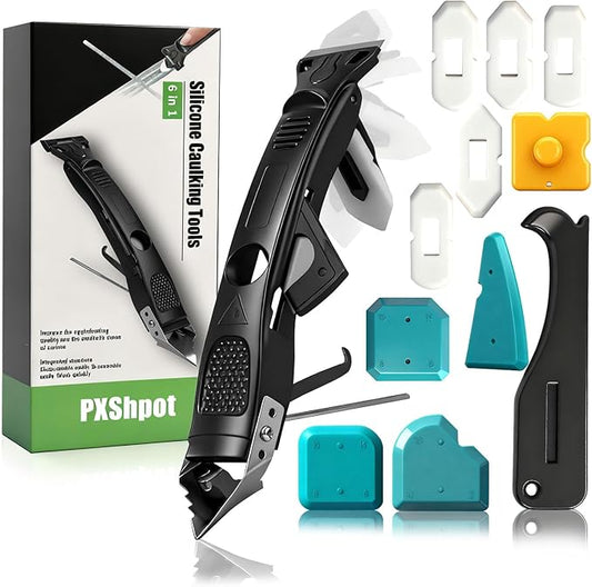 Caulking Tool 6 in 1 Sealant Finishing Tool & Grout Remover Scraper with 6 Silicone Pads, Sealant Removal and Trimming Tool with Squeegee for Bathroom, Window, Door, Kitchen