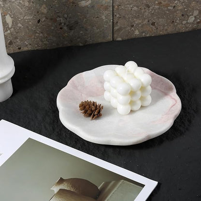 Koville Marble Tray, 8" Round Marble Vanity Tray for Jewelry Trinket Perfume, Natural Stone Tray for Bathroom Kitchen Dresser Countertop, Scalloped Decorative Tray for Home Table Decor(White&Pink)