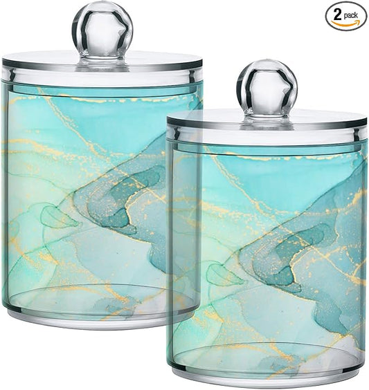 MNSRUU 2 Pack Qtip Holder Organizer Dispenser Modern Art Marble Teal Bathroom Storage Canister Cotton Ball Holder Bathroom Containers for Cotton Swabs/Pads/Floss