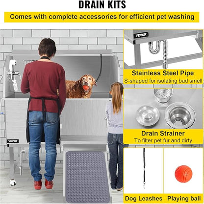 VEVOR Dog Grooming Tub, 50" Right Door Pet Wash Station, Professional Stainless Steel Tub Rated 330LBS Load Capacity, Non-Skid Dog Washing Station Comes with Ramp, Faucet, Sprayer and Drain Kit