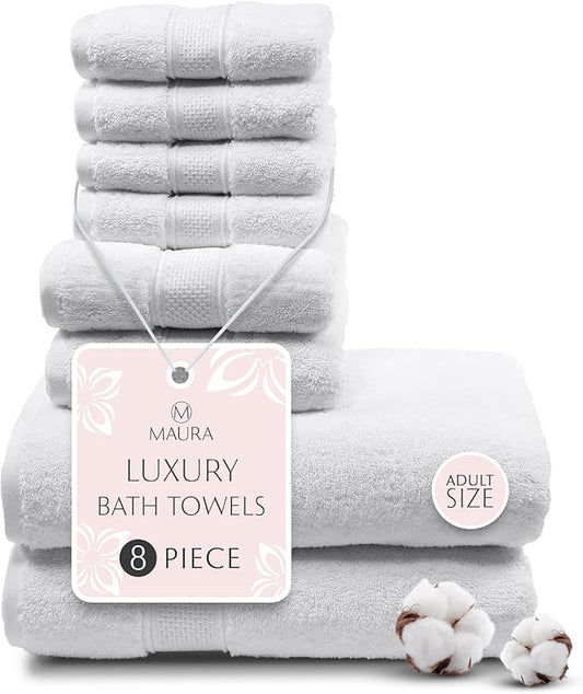 MAURA White Bath Towel Set of 8 for Bathroom. Turkish Cotton Luxury Bath Towels. Extra Large, Thick, Plush & Soft. Hotel & Spa Quality - White