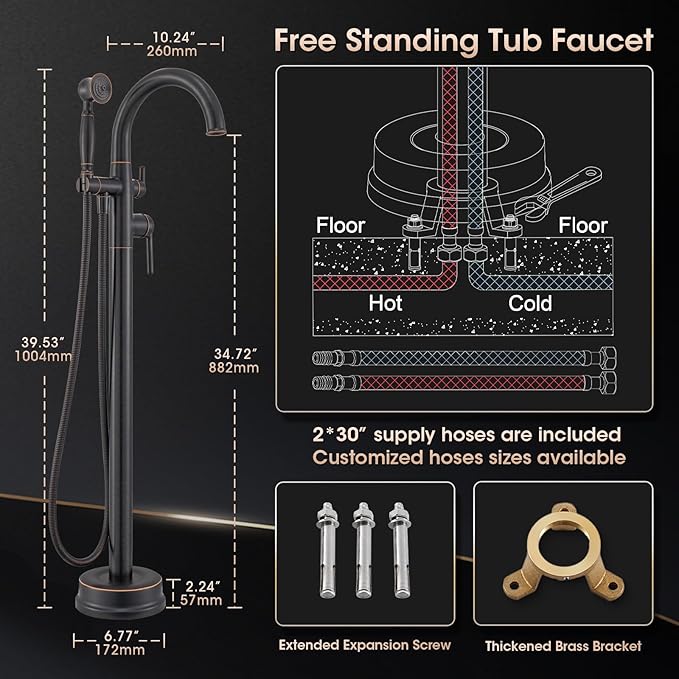 Freestanding Tub Faucets Bathroom Floor Mounted Waterfall Tub Filler Brass High Flow Swivel Spout&Hand Shower Oil Rubbed Bronze