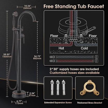 Freestanding Tub Faucets Bathroom Floor Mounted Waterfall Tub Filler Brass High Flow Swivel Spout&Hand Shower Oil Rubbed Bronze
