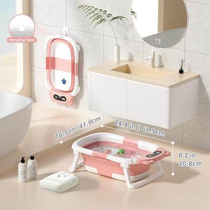 Collapsible Baby Bathtub for Newborn to Toddler (0-18 Months) - Foldable Baby Bath Tub with Soft Towel, Newborn& Infant Bathtub for Travel and Outdoor, Pink