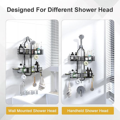 Shower Caddy Hanging Organizer, Rustproof Over Shower Head Caddy Holder with Hooks for Razor/Sponge, No Drilling Bathroom Racks Bath Storage Shelves for Shampoo Soap Towels, Black