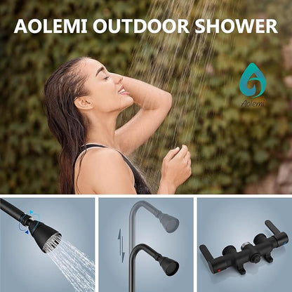 Aolemi Outdoor Shower Fixtures Outdoor Shower Kit Faucet System 3 Inch Center 2 Handle Exposed Shower with Brass Mix Valve with Adjustable Bar Pipe Upward Matte Black