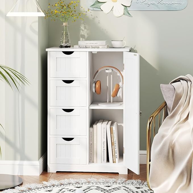 Tangkula Bathroom Floor Cabinet, Freestanding Storage Cabinet with 4 Drawers & Single Door, Adjustable Shelf, Multipurpose Bathroom Storage for Home Office, 21.5 x 12 x 32.5 Inches (White)