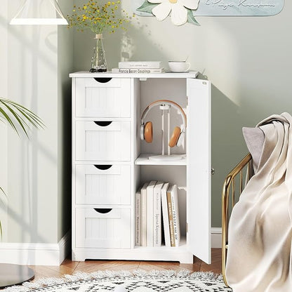 Tangkula Bathroom Floor Cabinet, Freestanding Storage Cabinet with 4 Drawers & Single Door, Adjustable Shelf, Multipurpose Bathroom Storage for Home Office, 21.5 x 12 x 32.5 Inches (White)
