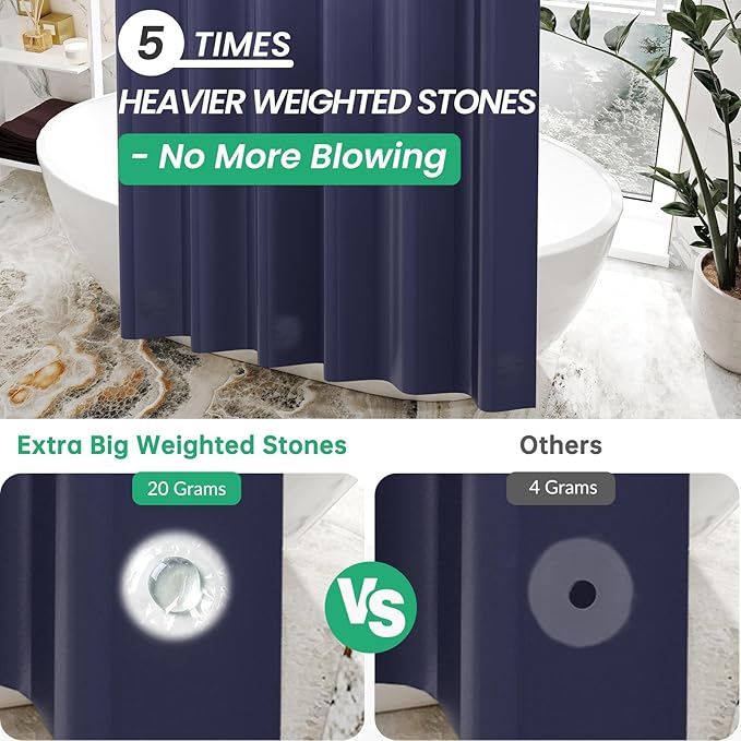 AmazerBath Navy Blue Shower Curtain, Thick PEVA, Heavy Duty Waterproof 72x72 with 3 Weighted Stones and 12 Grommets