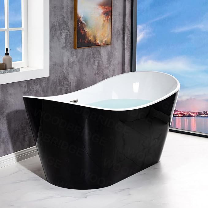 WOODBRIDGE 67" Acrylic Freestanding Bathtub Contemporary Soaking Tub with Brushed Nickel Overflow and Drain,Black,B1815-BN