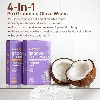 HICC PET Glove Wipes Pro – Pet Cleaning Gloves for Dogs & Cats – Infused with Coconut Oil & Plant Extracts – Hypoallergenic, Gentle, Spa-Like Care at Home, Portable 6 Pack-Coconut Scent