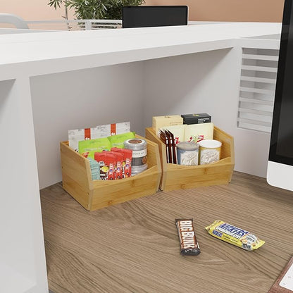 2 Set Open Front Small Stackable Storage Bins, Bamboo Stacking Storage Bins Snack Tea Bags Fruits Spices Countertop Storage, Rustic Organizer Bins for Pantry, Kitchen, Office, Bedroom (Small Natural)