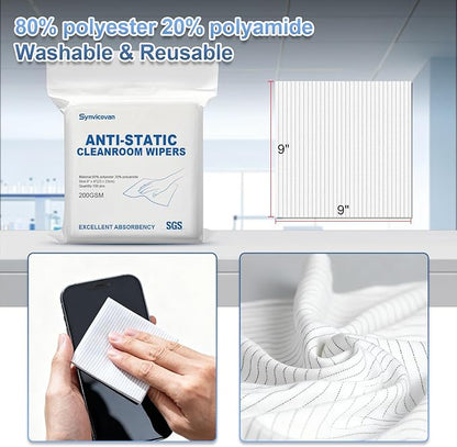 Anti-Static Microfiber Wipes 9"x9"(100 Pcs,Class 100, 200GSM) Lint Free Cloths Reusable Special ESD protection design is suitable for protecting sensitive electronic components and tools
