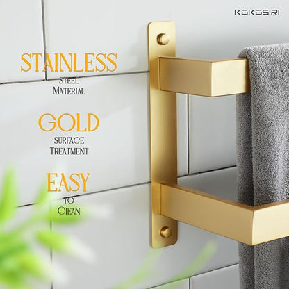 KOKOSIRI 16'' Towel Bars Bathroom 2-Tiers Ladder Brushed Gold Towel Rails Towel Holders Wall Mounted Towels Shelves Rack Stainless Steel, B5008BG-L16