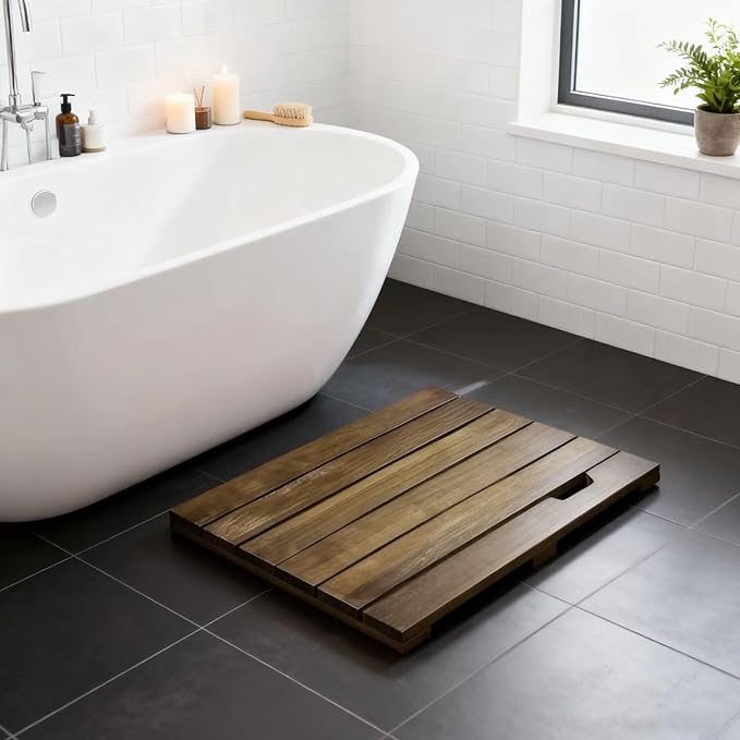 Teak Wood Shower Mat, 24"x18" Bath Floor Mat with Natural Surface for Indoor Shower, Bathroom Spa (24"x18")