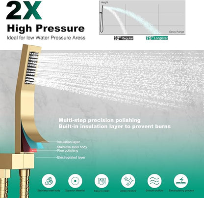 Push Button Diverter Shower Faucet Set Hydro Power Temperature Display, Shower System 12 Inch Shower Head with Handheld Spray, Wall Mounted Shower Fixtures with Valve and Trim Kit, Brushed Gold