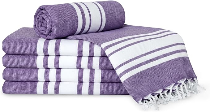 Turkish Cotton Beach Towel Pack of 6 & 1 Boho Tote Bag - Hammam Towels - No Shrink - Quick Dry - Lightweight - Sand Free - Camping - Pool - Tanning - Beach Essentials - Purple (40"x70")