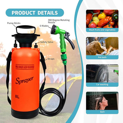2.1 Gallon Portable Shower for Camping with 7 Spray Modes, Camping Shower for Beach Shower, Car Shower, Hand Press with Removable Hose and Shower Head (Orange)